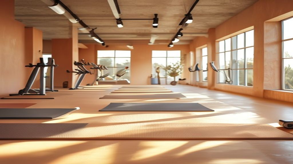 Energetic group fitness class in bright studio with diverse practitioners at different levels